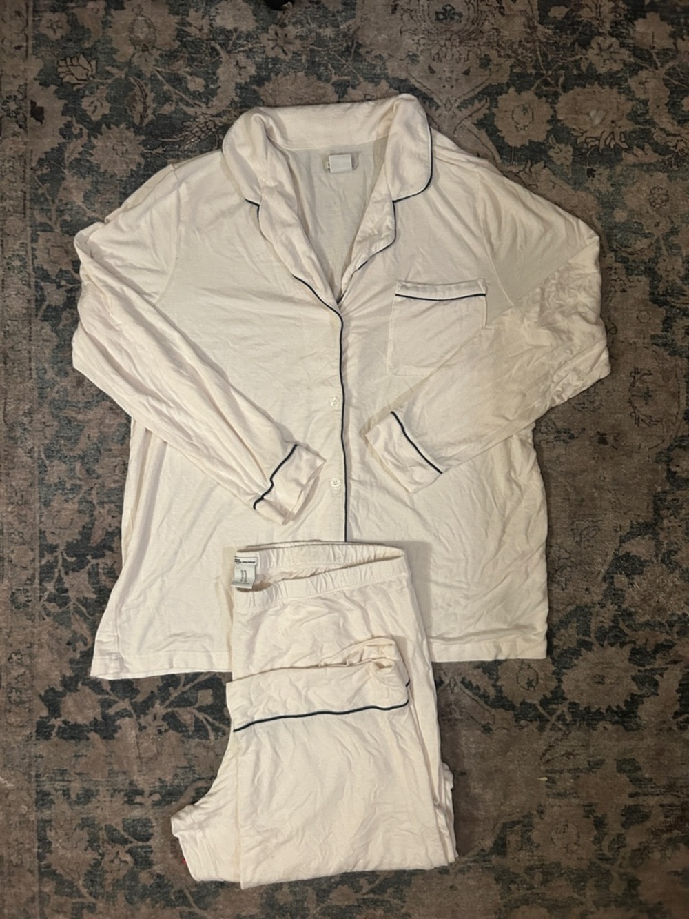 Cream Pajama Set with Navy Piping - Classic Button-Front